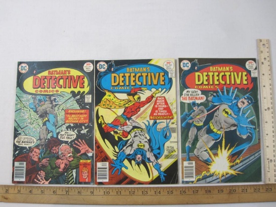 Three Bronze Age DC Batman's Detective Comics Nos. 465-467 Nov 1976-Feb 1977, comics have minor