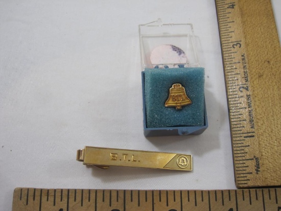 Two Gold Bell Monogramed (BTL) Men's Jewelry Pieces including bell pin/tie tack marked LGB 10K (1.6