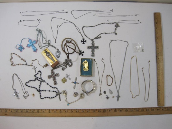 Large Lot of Religious Jewelry including cross pendants, rosary beads, pins and more, 12 oz