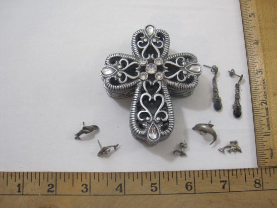 Lot of Sterling Silver Jewelry in Decorated Cross Keepsake Box including dolphin earrings and