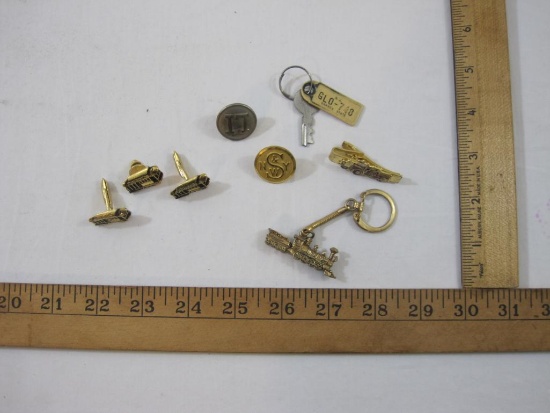 Lot of Assorted Men's Jewelry Pieces including fire truck tie clip, trolley cuff link and tie tack