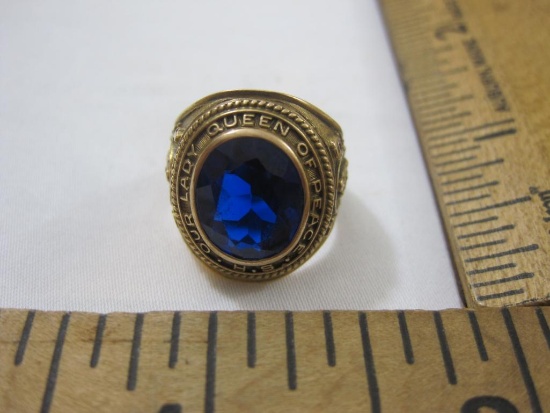 Beautiful 10 K Gold Class Ring with Blue Gemstone, Our Lady Queen of Peace HS 1949, Size 4 3/4, 7.0