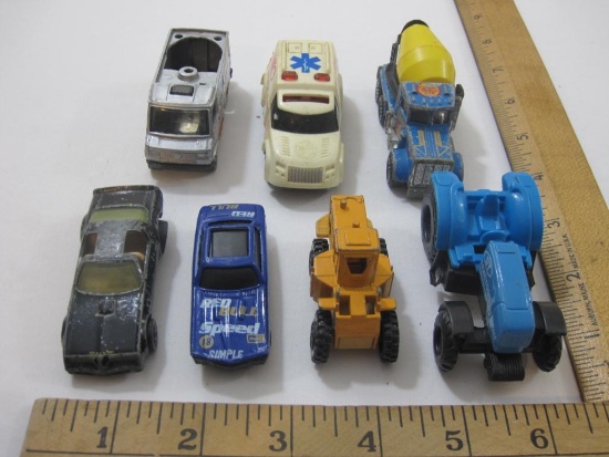7 Miniature Cars from Hot Wheels, Matchbox and more including ambulance, cement mixer, grader,
