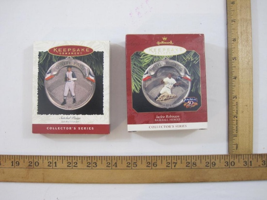 Two Baseball Heroes Hallmark Keepsake Ornaments including Jackie Robinson and Satchel Paige, in