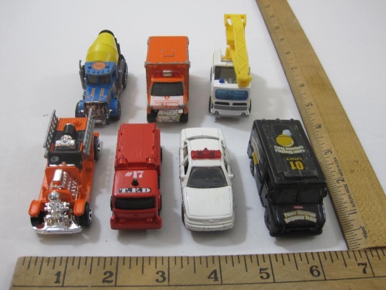 7 Miniature Cars from Maisto, Matchbox, and Hot Wheels including Snorkel, cement mixer, fire
