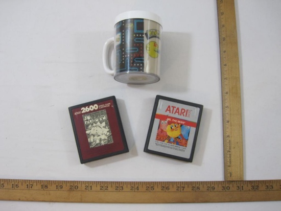 PAC-MAN Lot including Ms. Pac-Man and Jr. Pac-Man ATARI 2600 Game Cartridges and Plastic Mug (1980