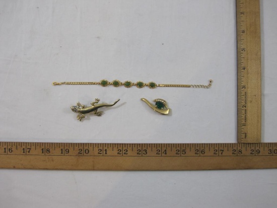 Gemstone-Studded Lizard Pin, Gold Tone Bracelet with Green Gemstones and Gold Tone Pendant with