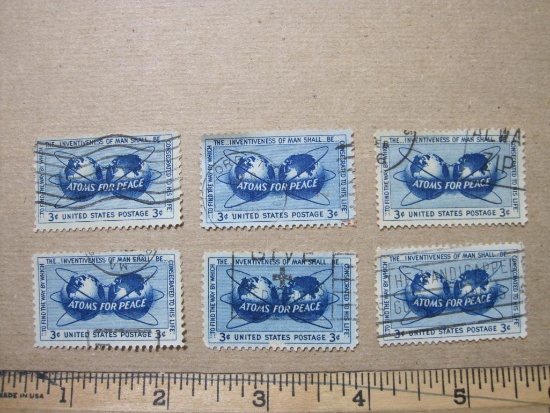 Lot of 6 1955 3 cent Atoms for Peace US postage stamps, #1070