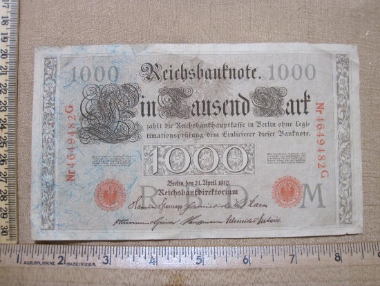 1910 German 1000 Mark Paper Currency Note, red seal