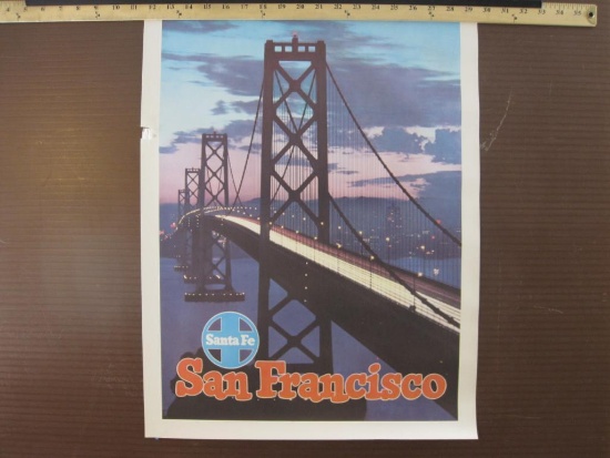 Santa Fe Railroad San Francisco Golden Gate Bridge Poster, poster has minor damage to edges, poster