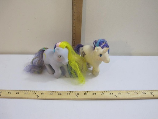 Two Vintage 1980s My Little Pony Figures 1983 Glory and 1985 blue with rainbow hair, 7 oz