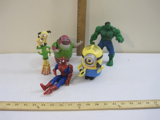 Five Assorted Toys/Action Figures including The Hulk, Minion, Spider Man and more, 1 lb 9 oz