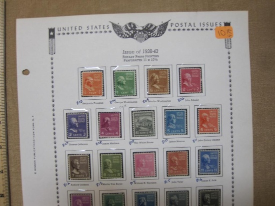 1938 Through 1943 Presidential US Stamps, each in individual holders on a display page
