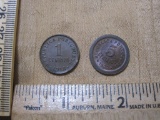 1918 1 Centavo and 1927 5 Centavos coins, Republica Portuguesa good condition