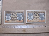 Two Sequential Vintage German 50 Pfennig Paper Currency Notes