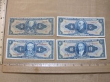 Four Vintage Brazil Paper Currency Notes including 1, 2, 5, & 10 Cruzeiros Denominations