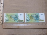 Two Brazil 200 Cruzeiros Paper Currency Notes