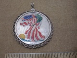 Enameled 2000 1oz Fine Silver Silver Dollar inset in .925 Silver Chain as a Pendant, 37.9g