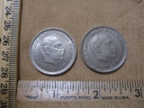 Two 1957 50 Peseta Coins, #59 and #60 with edge writing Una Grande Libre