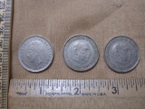 25 Peseta Coins, 1975, and two 1957 with #64 and #79 in the stars, all three coins have edge