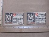 Two 1921 Germany 50 Pfennig Notgeld der Stadt Muhlhausen Paper Currency Notes