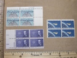 Three four-stamp plate blocks of US postage stamps: 1962 4 cent Project Mercury (#1193), 1962 4 cent