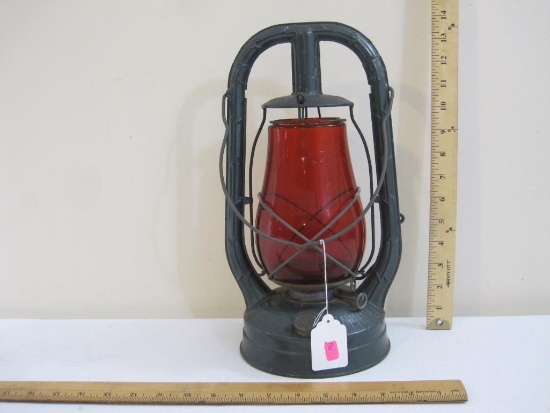 Teal Dietz Monarch Kerosene Lantern with Red Dietz Fitzall Glass Globe marked C5 LOC-NOB, 2 lbs 5 oz