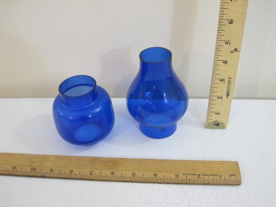 Two Blue Glass Lantern Chimneys, unmarked, 6 oz