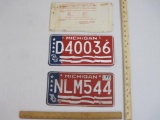 Two Metal 1976 Michigan License Plates D40036 & NLM544, embossed, 8 oz