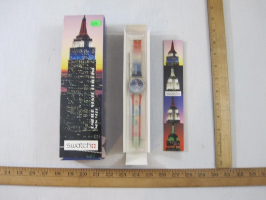 Swiss Made Quartz Swatch with Empire State Building, in original box, 5 oz