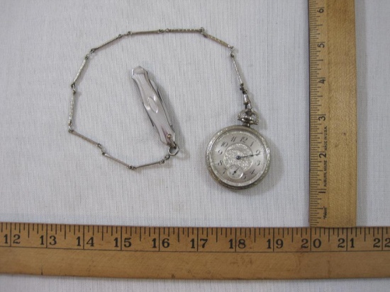 Silver Standard Pocket Watch and Fob with Pocket Knife, knife marked OMD, 3 oz