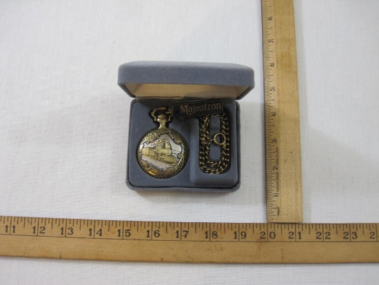 Majestron Quartz Train Pocket Watch with Fob/Chain in original box, swiss parts, 6 oz