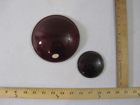 Two Red Glass Lantern Lenses including AAR 69-59 Kopp Glass Inc marked 5 3/8 L 3 1/2 F and Jefferson
