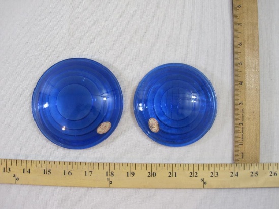 Two Blue AAR 69-59 Kopp Glass Lantern Lenses marked 4 1/2L 3 1/2F and 4 1/8D 2 3/4F DEFL, 12 oz