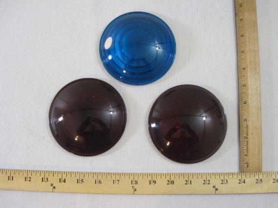 Three Kopp Glass Lantern Lenses including 2 red (4 1/2 L 3 1/2F) and 1 blue (4 1/2 L 3 F), 1 lb 2 oz