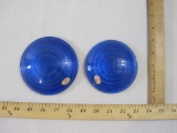 Two Blue AAR 69-59 Kopp Glass Lantern Lenses marked 4 1/2L 3 1/2F and 4 1/8D 2 3/4F DEFL, 12 oz