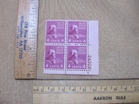 Block of 4 US James Madison 4 cent postage stamps, Scott# 808