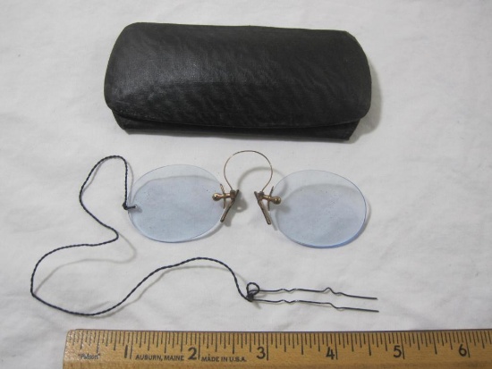 Antique American Optical Nose Clip Rimless Glasses, with blue tint in hard travel case