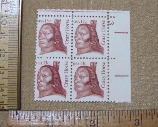 Block of 4 1982 13c Native American Crazy Horse Stamps, Scott 1855