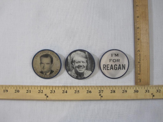 Three Vintage Holographic Political Pin-Back Buttons including Jimmy Carter, Nixon/Lodge and Reagan,
