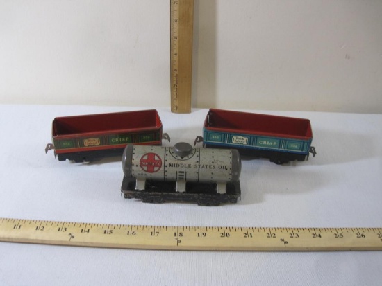 Three Vintage Metal MARX Train Cars including 2 Rock Island CRI&P Gondolas and Santa Fe Middle