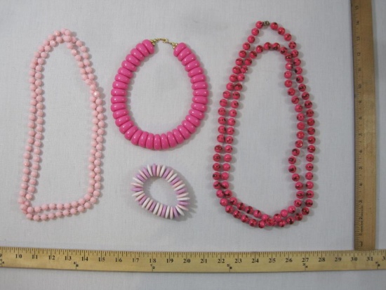 Lot of Pink Beaded Fashion Jewelry including 3 necklaces and bracelet, acrylic beads, 10 oz