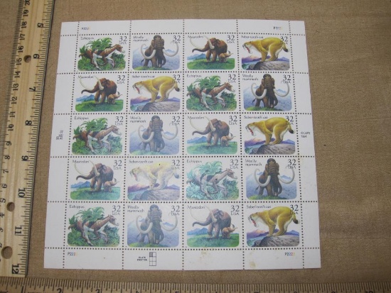 Full Sheet of 20 Prehistoric Animals 32-cent US Postage Stamps, 1996, Scott #s 3077-3080