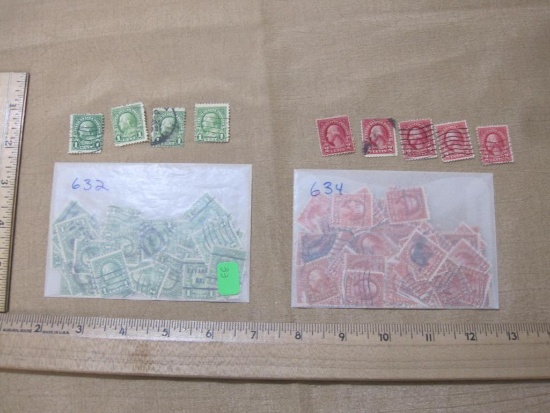 Postage stamps including 1 Cent mostly cancelled Benjamin Franklin, 2 Cent Mostly cancelled George