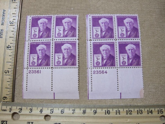 Two Blocks of Four 3 Cent Thomas A. Edison Postage Stamps Scott # 945