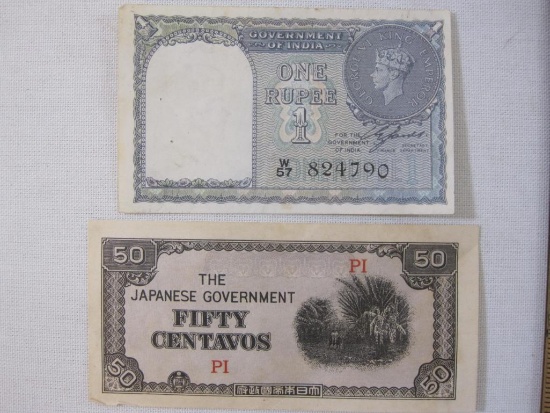Two Paper Currency Notes including Japanese Fifty Centavos and India One Rupee