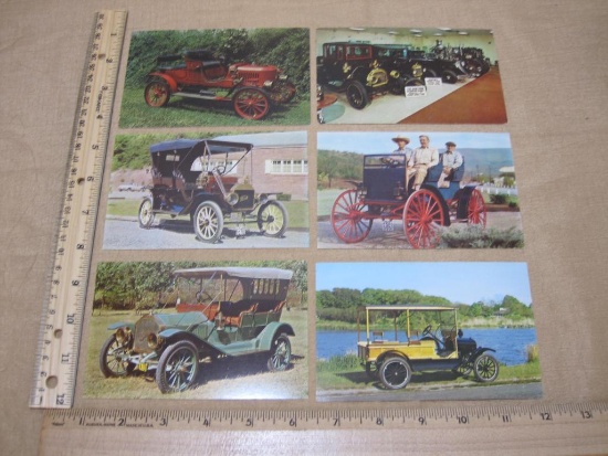 Six Vintage Automobile Postcards, 1909 Model T, 1910 Buick Toy Tonneau, 1909 Black Farm Wagon, 1922