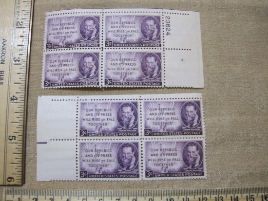 Two Blocks of 4 Joseph Pulitzer 3 Cent US Postage Stamps, Scott 946