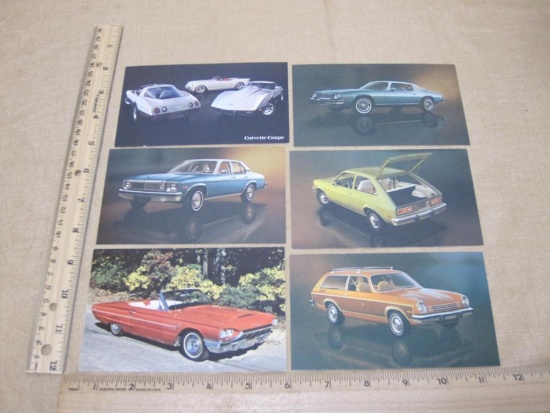 Automobile Postcards, 1977 Chevrolet Camaro, Concours Sedan, Chevette, 1978 Corvette Coupe and 1965