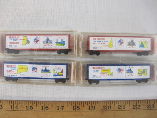 Four N Scale Kadee Micro Trains Bicentennial 50 Ft Boxcars including Massachusetts, New Hampshire,